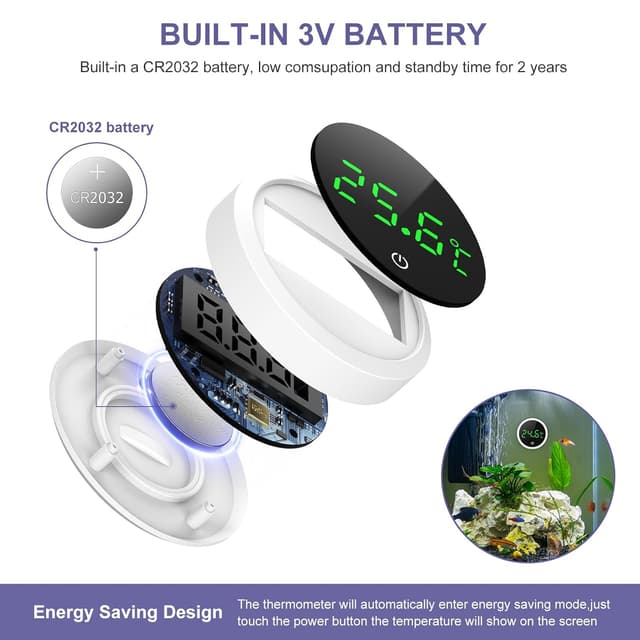Detalle 1 de OQIMAX Digital Aquarium Thermometer with LED Display (stick-on, touch buttons) – White