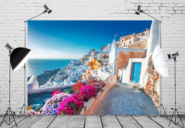 Detalle de BELECO 2.1 x 1.5m Greece Santorini Island Fabric Backdrop (White Houses & Aegean Sea)