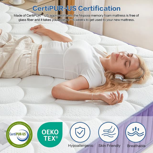 Detalle de Niqooia 4FT6 10 Inch Hybrid Memory Foam Mattress – 7-Zone Pocket Sprung Support, Medium-Firm (135×190×25cm)