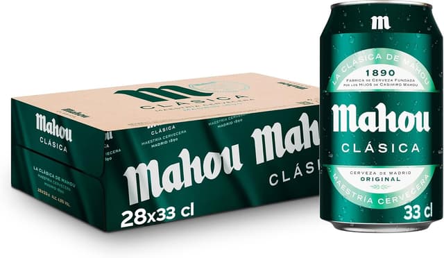 Detalle de Mahou Clásica Pack 28 latas de 33 cl (4,8% vol) – cerveza lager dorada de sabor suave