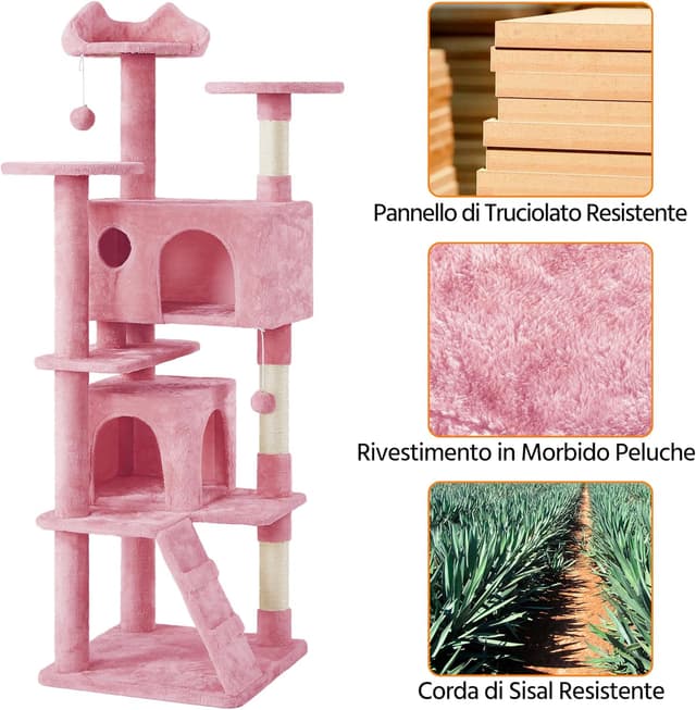 Detalle de Yaheetech Albero Tiragraffi per Gatti 178 cm con 3 Pali Graffiatoi, Grotta e Pompon in Peluche (Rosa)