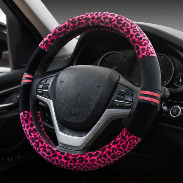 Detalle de Soft Leopard car warm steering wheel cover with handbrake grip & gear shift plush for women (red)