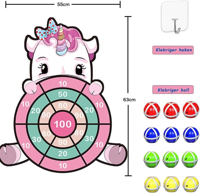 Detalle de Einhorn Dartscheibe Kinder – 63 cm Wurfspiel mit 12 Klebebällen, für Mädchen ab 3 Jahren