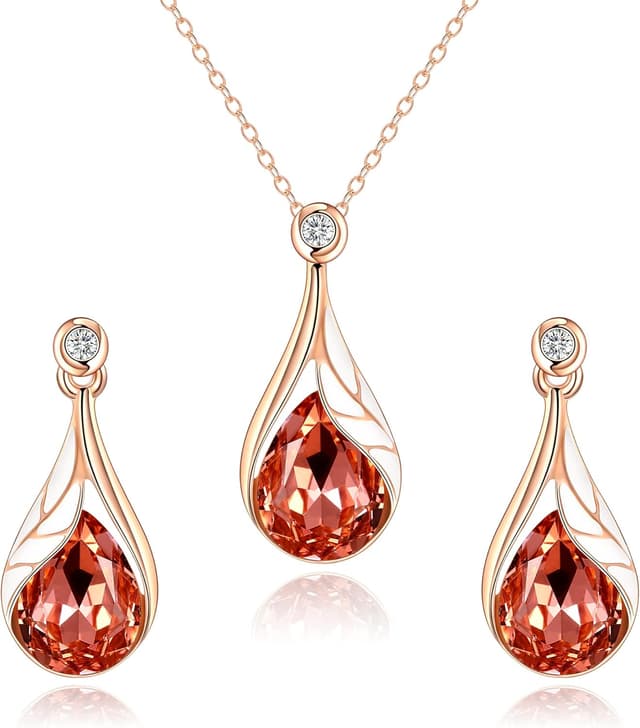 Detalle de Parure bijoux de mariage Clearine : collier goutte d’eau, boucles d’oreilles feuille, émail, cristal autrichien et strass