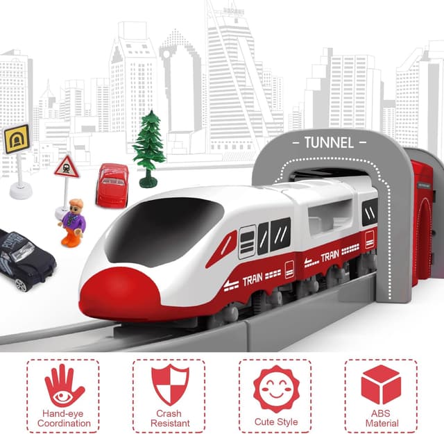 Detalle de XIAPIA 104-piece electric train set with magnetic track pieces, tunnel/bridge and police-theme vehicles (age 3+)