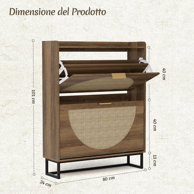 Detalle 2 de BonVache Mobiletto Per Scarpe Stretto con 2 ante e regolazione, scarpiera in rattan (80x24x102 cm)