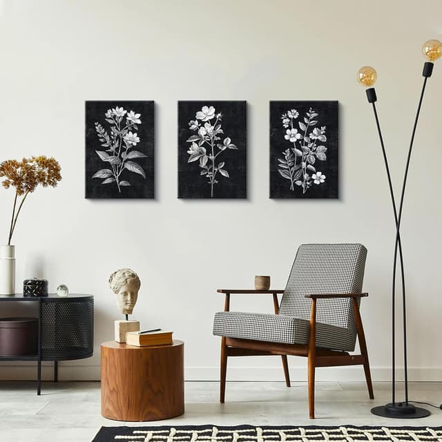 Thumbnail 2 de Minimalist Black White Floral Canvas Set 30x40cm