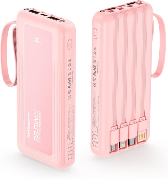 Detalle de Power Bank Fast Charging 10000mAh with Built-in Cables, 22.5W Portable Charger (USB-C and 6 Outputs, LED Display & Flashlight)