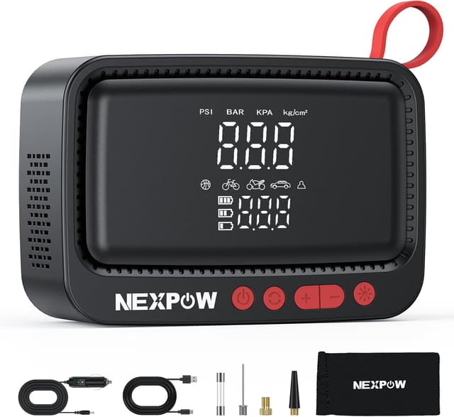 Detalle de NEXPOW Portable Tire Inflator with Rechargeable Battery, 12V DC Power Adapter, 150PSI Auto Shut-Off
