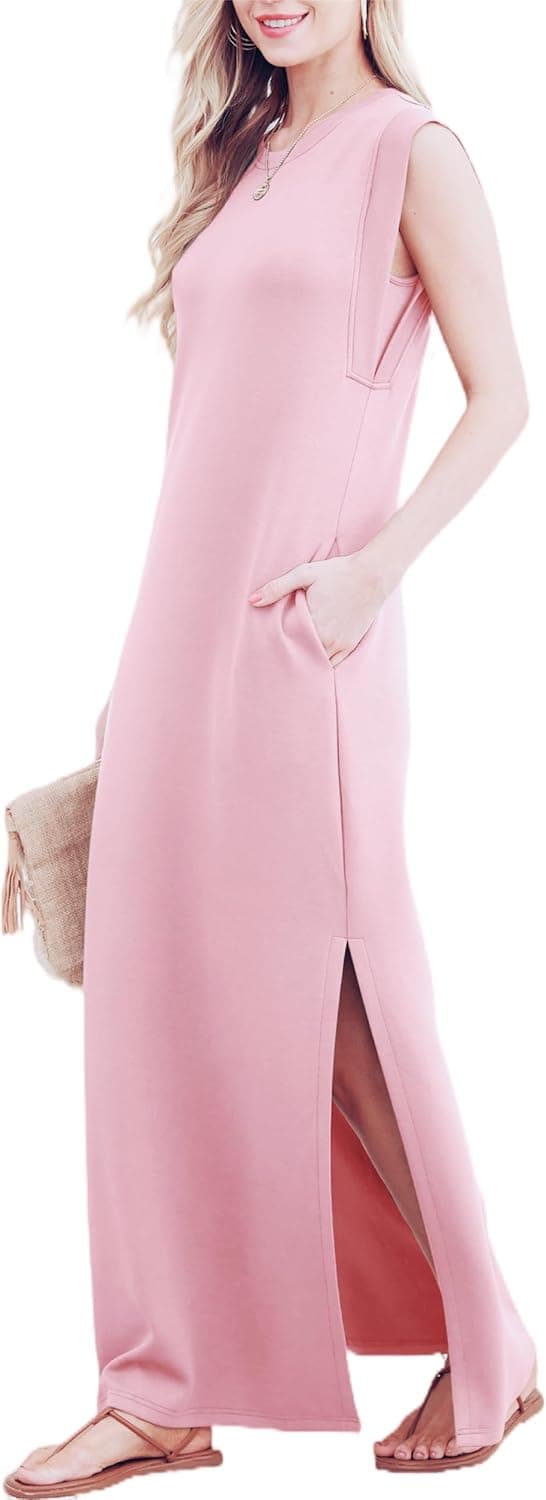 Detalle de GRECERELLE women’s summer maxi dress with split, pockets and sleeveless round neck