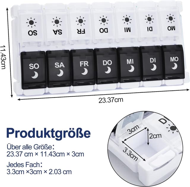 Detalle de Tablettenbox 7 Tage mit 14 Fächern (2 pro Tag) für morgens/abends – Druckknopf-Design, BPA-frei