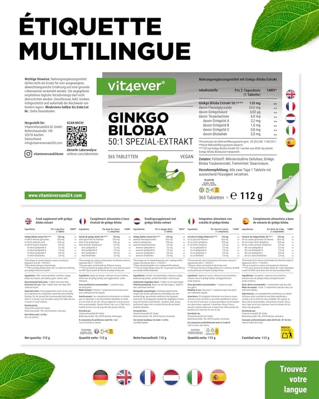 Detalle de Vit4ever Ginkgo Biloba 6000 mg – Extrait premium, 365 comprimés (vegan)