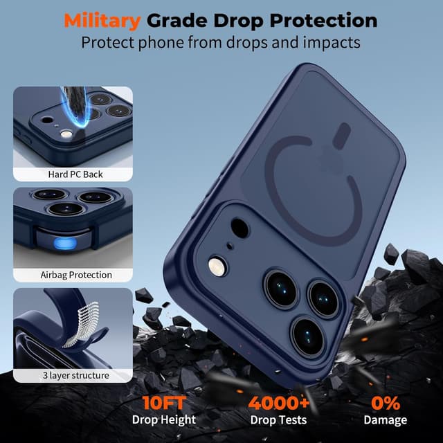 Detalle de zapica Magnetic iPhone 17 Pro Max Case (Deep Blue) with Camera Protection & Tempered Glass Screen Protector