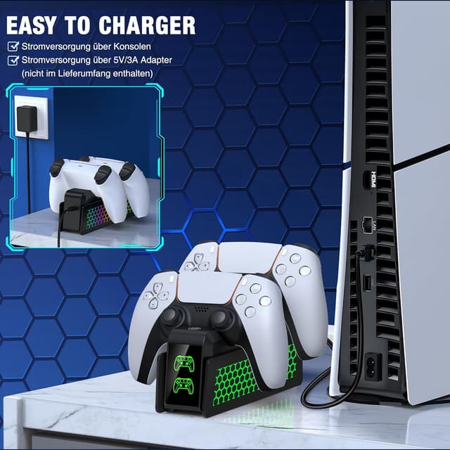 Detalle 2 de PS5 Controller Ladestation mit Cooler RGB-Lichteffekt für PlayStation 5 DualSense (2 Controller, Schnellladung)