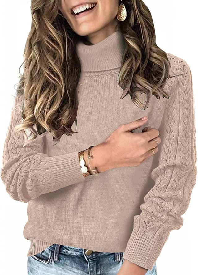 Thumbnail 6 de Tanmolo Damen Rollkragenpullover mit Lochmuster-Ärmeln – Langarm Strickpullover für Winter & Übergang