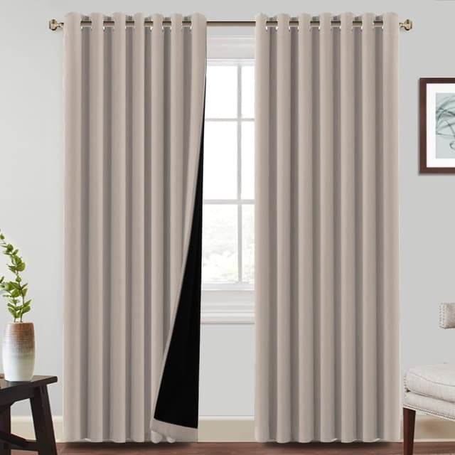 Detalle de BellaHills 100% Blackout Curtains (2 Panels) Thermal Insulated Eyelet Curtains, Natural Sand, 90 x 90 Inch