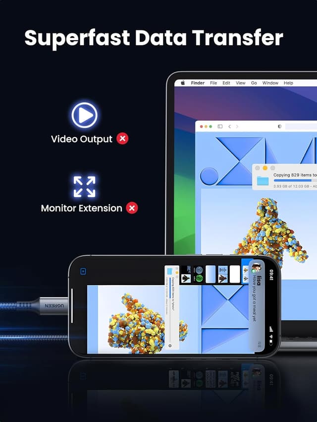 Detalle de UGREEN USB-C to USB-C Charger Cable (60W fast charge, 2m) for MacBook, iPad, iPhone, Galaxy & Pixel