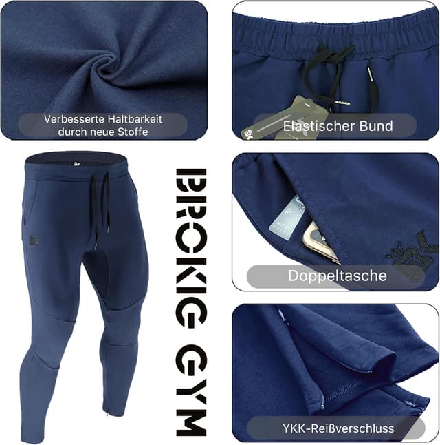Detalle 1 de BROKIG Gym Jogginghose Herren Lang mit Doppeltasche – Baumwolle Trainingshose Slim Fit