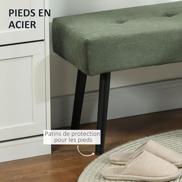 Detalle de HOMCOM banc banquette moderne rembourré en velours côtelé vert (bout de lit) sur pieds en acier noir, 100 x 36 x 45 cm