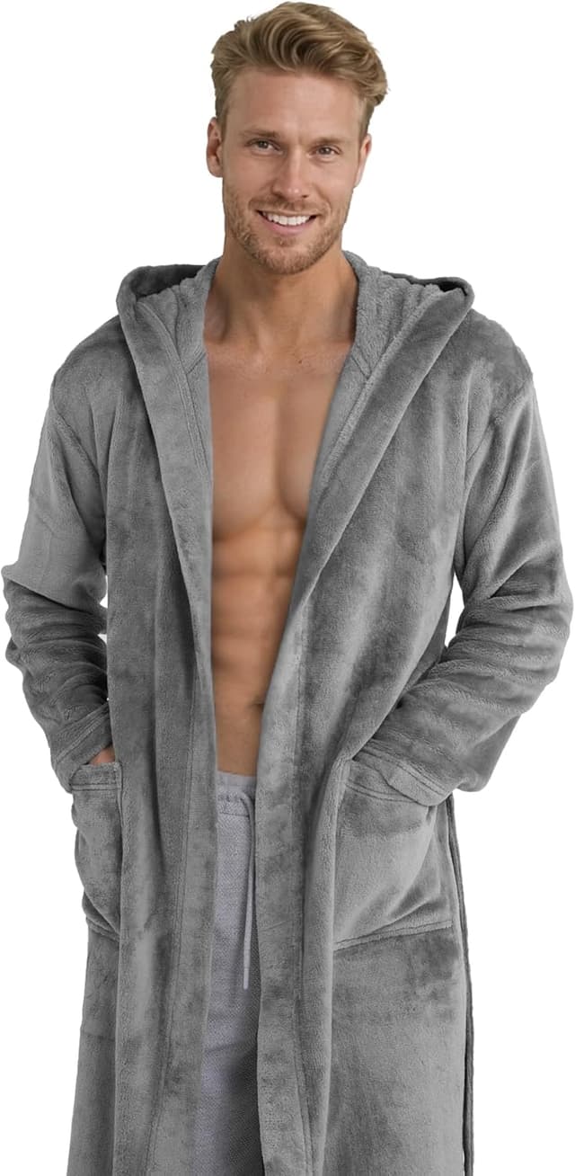 Detalle de Twinzen Kuschelfleece Morgenmantel mit Kapuze (Unisex) – S bis 3XL, Schwarz, Öko-Tex Standard 100