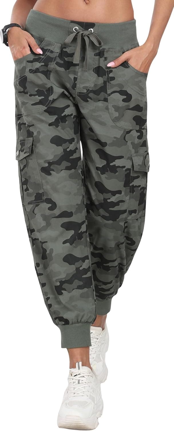 Detalle de JINSHI Damen-Cargohose „Lange Capri“ High Waist mit Kordelzug – atmungsaktiv, leicht und mit Cargo-Taschen