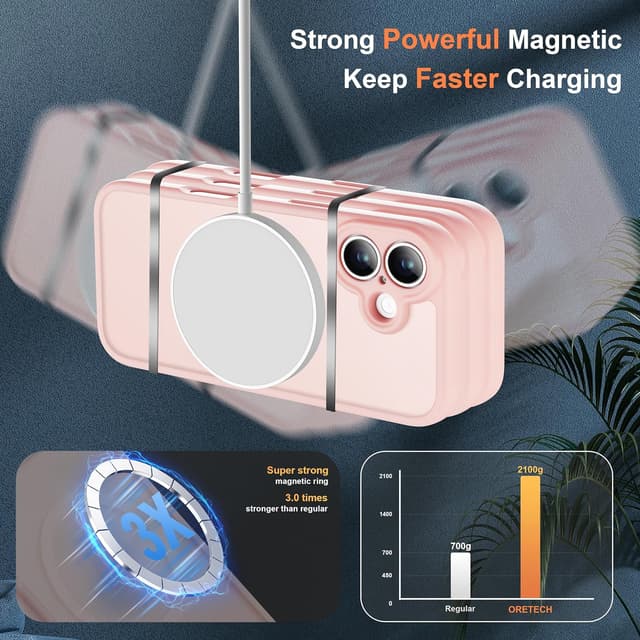 Detalle de ORETECH Magnetic Case for iPhone 17 6.3" (Light Pink) with MagSafe ring and 2x HD tempered glass screen protectors