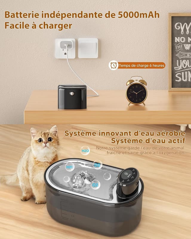 Detalle de TOMXCUTE 3 l Fontaine à eau pour chat sans fil avec détecteur de mouvement et batterie 5000 mAh (noir)