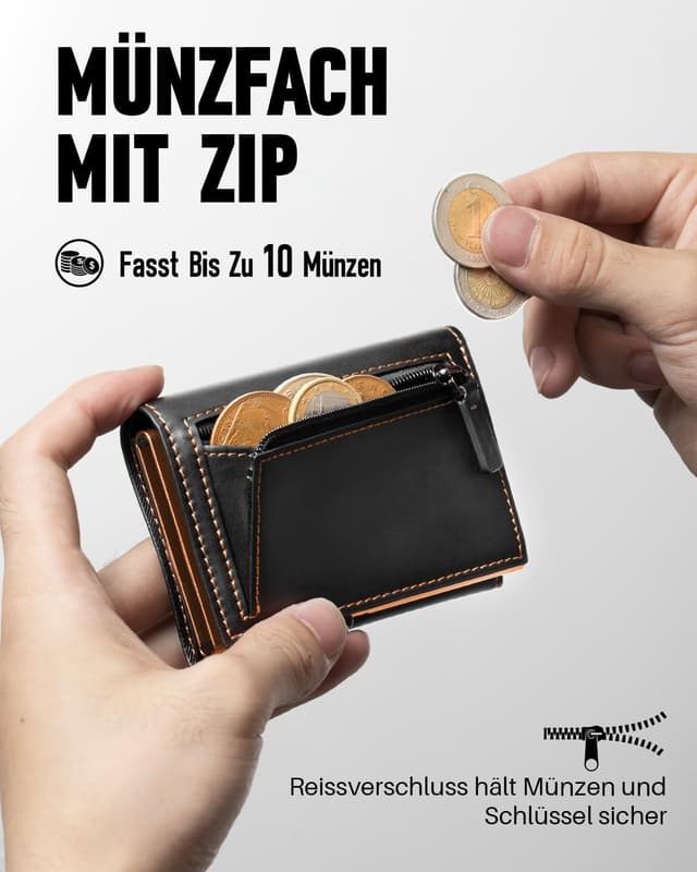 Detalle de MYSHION Herren-Geldbörse mit Münzfach, Sichtfenster & RFID-Schutz – Smart Wallet im Dreifach-Falt-Format (Schwarz Orange)