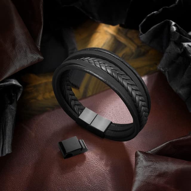 Detalle 2 de flintronic Echtleder-Armband für Herren (Schwarz) mit geflochtenem Look und Magnetverschluss
