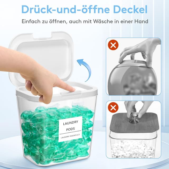 Detalle de Lifewit Wäsche Pods Behälter 4er-Set (2,73 l) mit Druckverschluss, Etiketten & Messlöffel