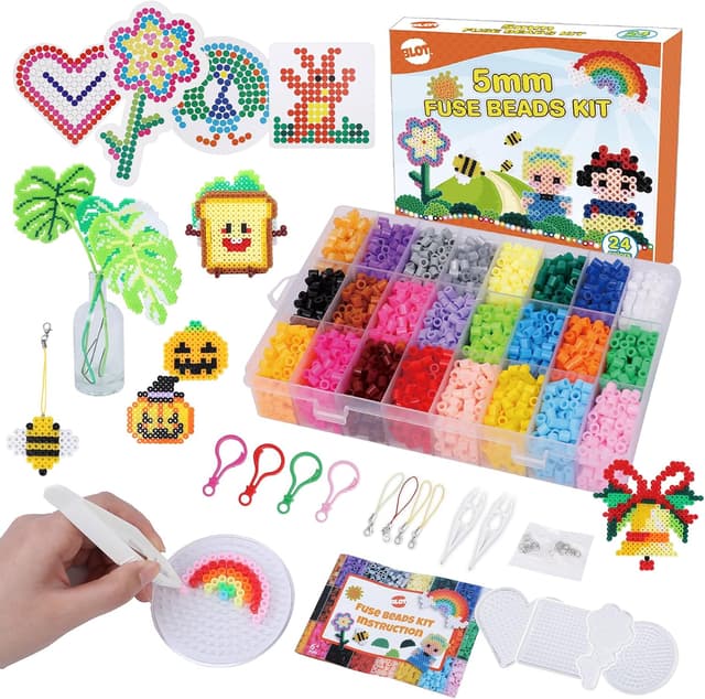 Detalle de Fuse Beads Kit (24 Colours, 5mm) with Pegboards, Tweezers, Ironing Papers & Keyrings