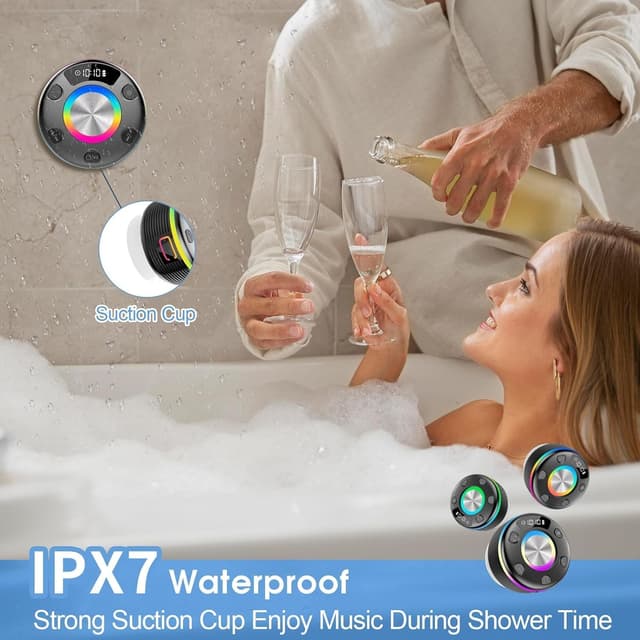 Detalle de Bluetooth Shower Speaker (IPX7, 360° sound, RGB lights) with Suction Cup – Deep Black
