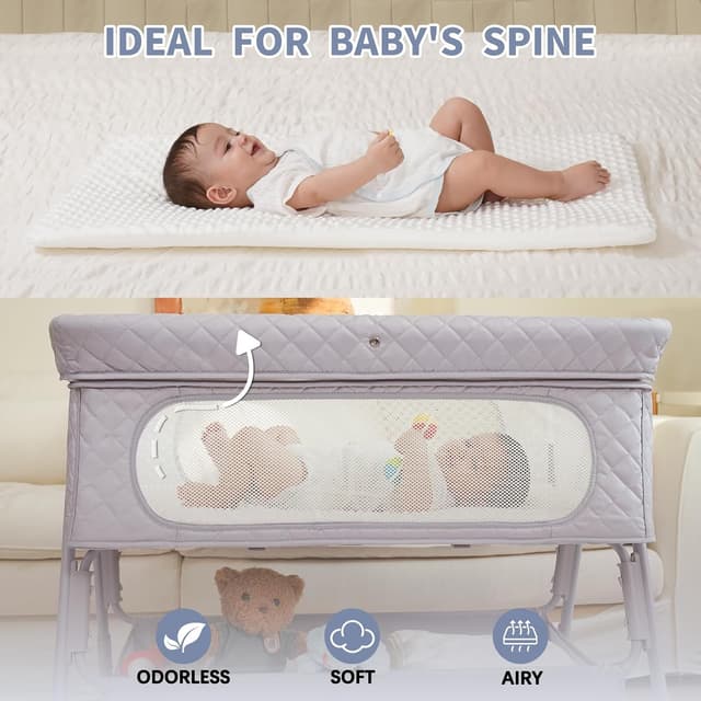 Detalle 2 de Kiniew Bassinet Bedside Sleeper (Adjustable Height, Folding, Mesh) — Grey