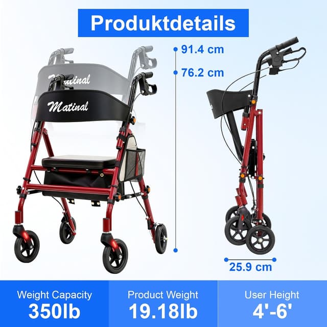 Detalle 1 de Matinal Leichte faltbarer Rollator mit Sitz (Tragkraft 160 kg) – Hybridrahmen aus Aluminium & Kohlenstoffstahl, rot