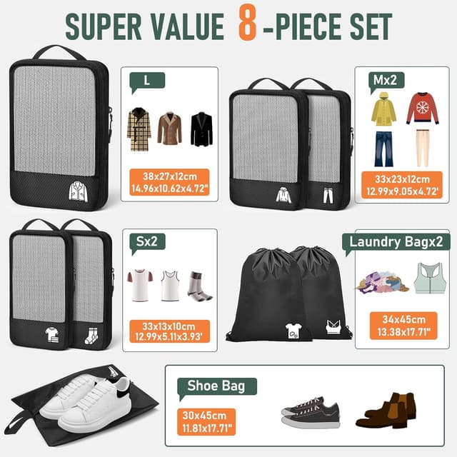 Detalle de Compression Packing Cubes 8‑piece set for travel