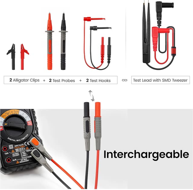 Detalle de KAIWEETS KET012 kit di cavi di prova per multimetro con clip a coccodrillo e accessori, CAT III 1000V / CAT IV 600V