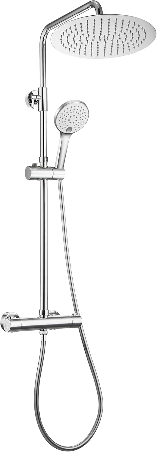 Detalle de JOHO Edelstahl Duschset mit Thermostat, Regendusche 25 cm (D25) und Handbrause