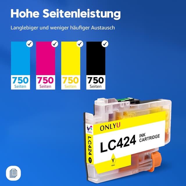 Detalle de ONLYU LC424 kompatible Brother LC424 für DCP-J1200W/DCP-J1200WE – 1× Schwarz, 1× Cyan, 1× Magenta, 1× Gelb