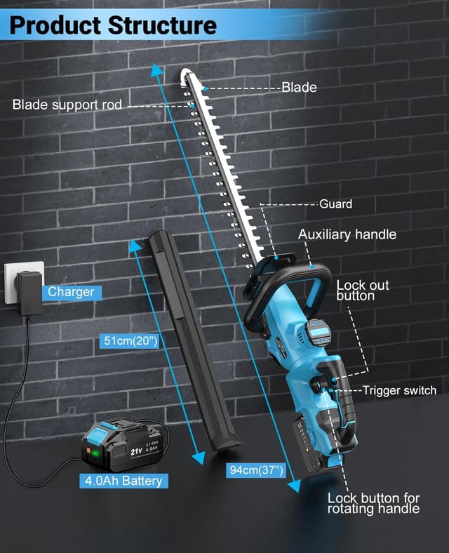 Thumbnail 6 de LEEIKOO Cordless Hedge Trimmer with 51cm Dual Action Blades, 4000mAh Battery & 180° Adjustable Handle