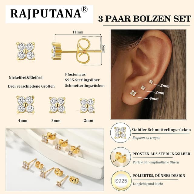 Detalle 2 de RAJPUTANA 3 Paar kleine Ohrringe aus 925 Sterling Silber (hypoallergen) inkl. CZ – Set mit 14K vergoldeten Ohrsteckern