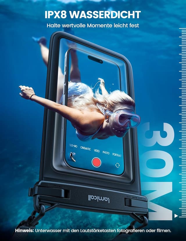 Detalle de Lamicall wasserdichte Handyhülle mit Doppeltaschen-Design – IPX8 Phone Case bis 7,5 Zoll