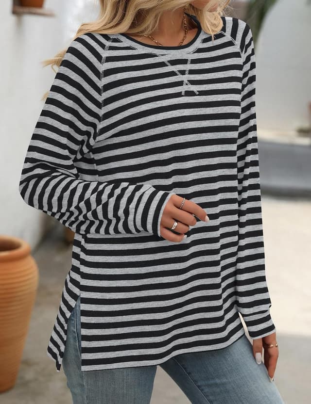 Detalle de Flikity women’s striped long-sleeve crew neck sweatshirt (rayon/polyester blend) – casual tunic tops, M–XXL