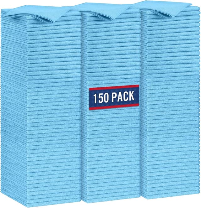 Detalle de GLIMGLINT Blue Microfiber Cleaning Cloths (14" x 12") — 150 Reusable Shop Rags for Kitchen, Bathroom, Car & TV Screens
