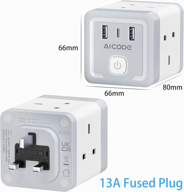 Thumbnail 6 de AICODE 7-in-1 Plug Extension Socket with 3 USB (4-way) and Switch, 13A Multi Plug Adapter UK