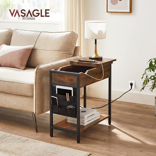 Detalle de VASAGLE Tavolino con multipresa LET311B01 in Marrone Vintage e Nero, stretto con porte USB e scomparti con sacchi