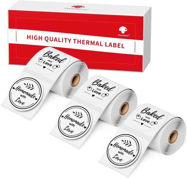 Detalle de Phomemo 3 Rollen runde Thermoetiketten M110, 30×30 mm – selbstklebend, 200 Etiketten pro Rolle