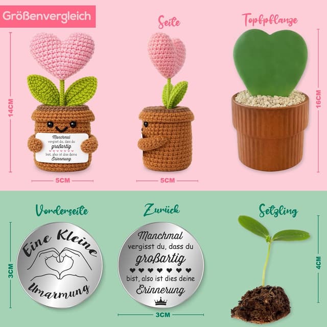 Detalle de Tixlux Pocket Hug Positive Herzpflanzen-Figur – handgenähte Strickwolle Herzpflanze mit Mini-Glücksbringer