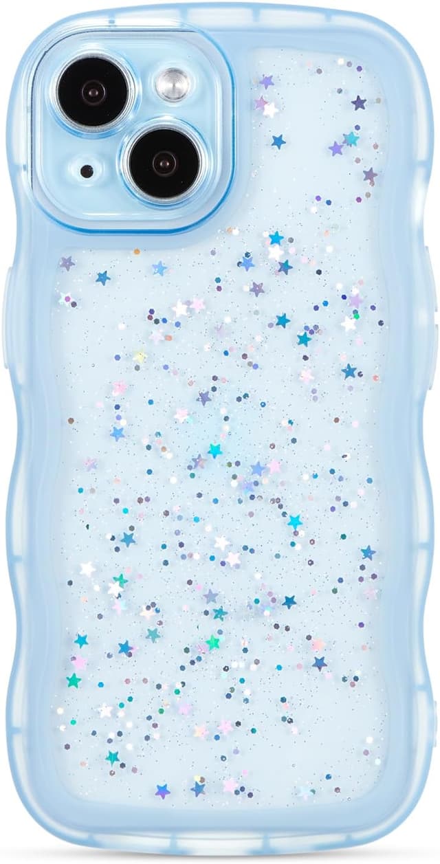 Detalle de ZTOFERA Handyhülle für iPhone 15 (6,1") – transparente TPU-Schutzhülle mit Wellenrahmen und Sternen-Design, blau