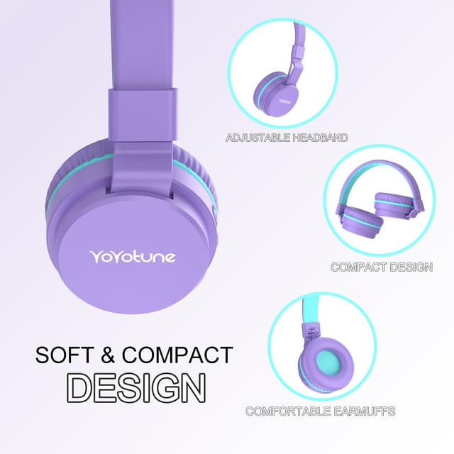 Detalle 2 de Kids Bluetooth Headphones (Purple) with Built-in Mic, 40H Playtime & Bluetooth 5.3 (Over-Ear, Volume Limited)