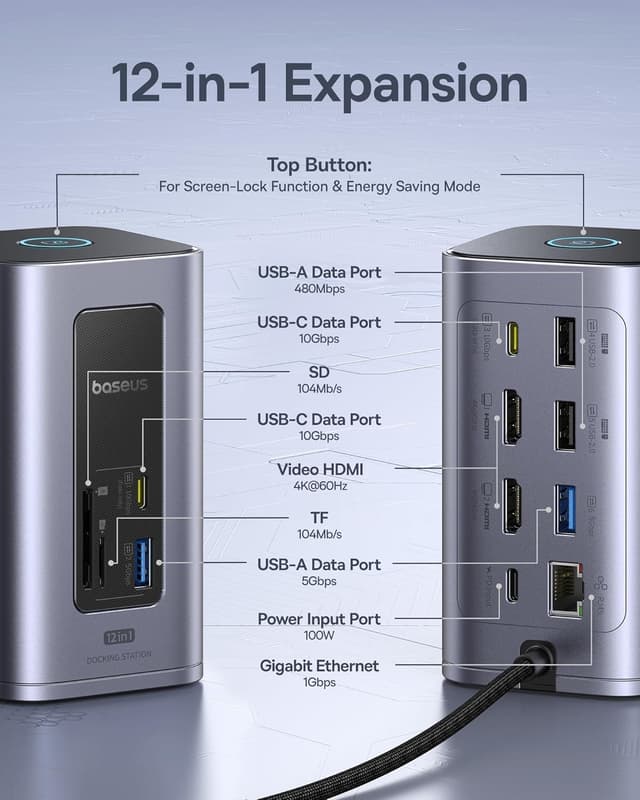 Detalle de Baseus Nomos Win Air 12‑in‑1 USB‑C Docking Station 100W